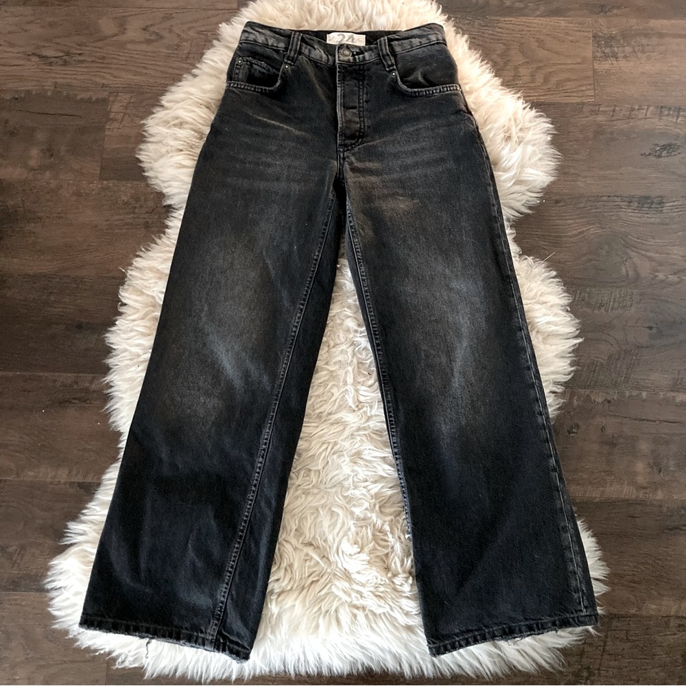 Free People Rigid 100% Cotton Black Distressed Retro 90’s Baggy Jeans Sz 24